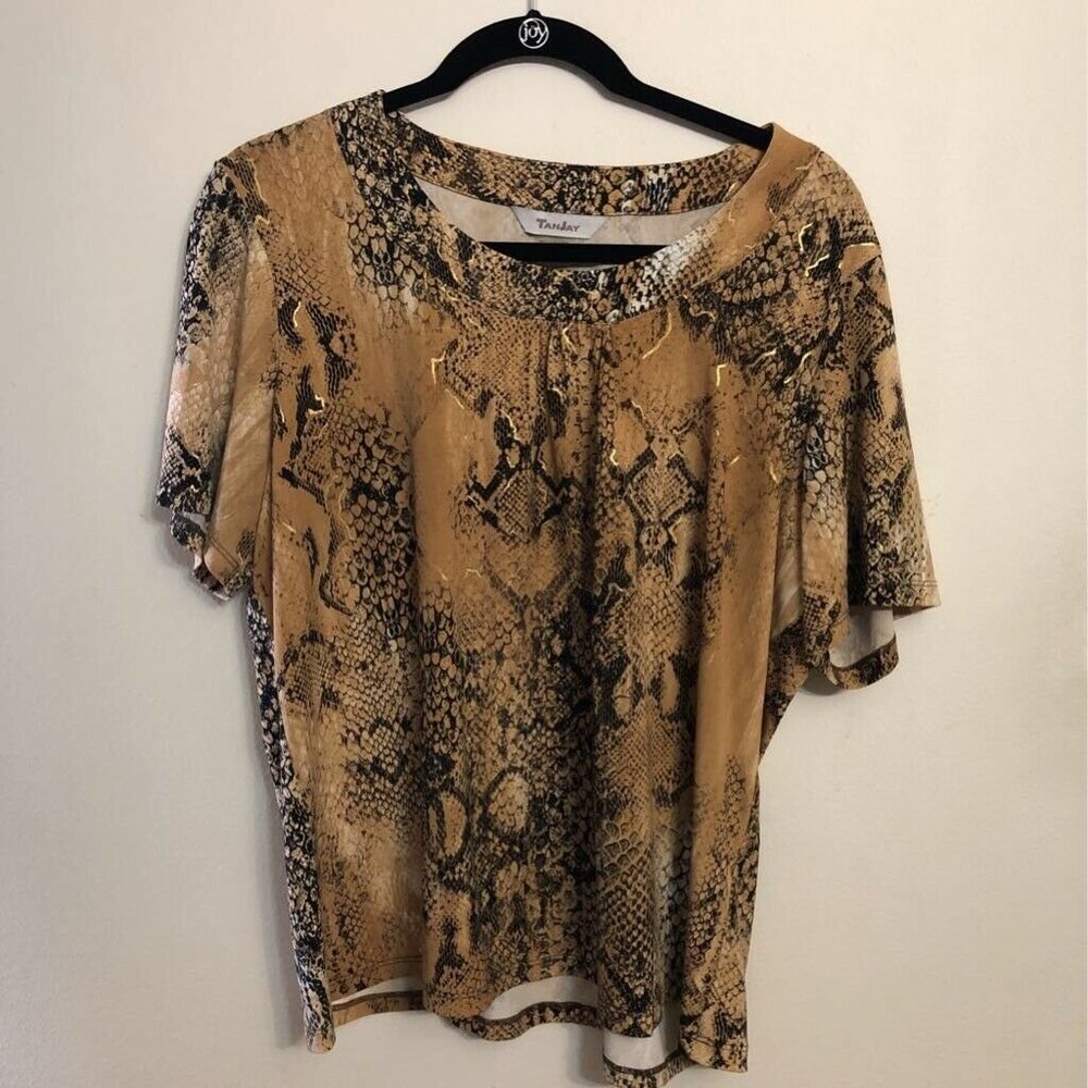 TanJay Womens T-Shirt Brown Snakeskin Short Sleeve